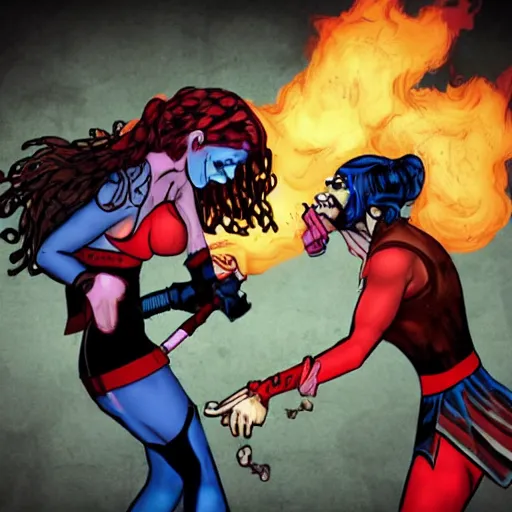 Prompt: Jesus fighting Harley Quinn over a vat of acid