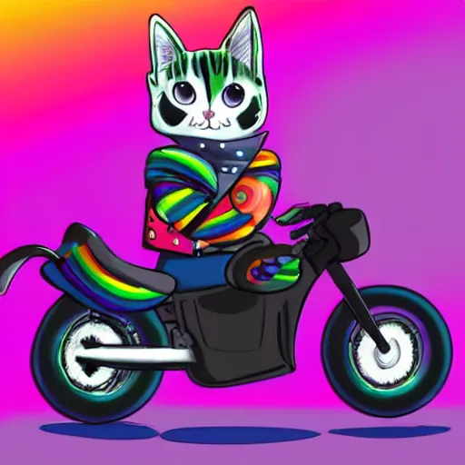 Image similar to wide angle full body, jacket wearing fluffy cute rainbow kitten wearing a black leather motorcycle jacket, concept art