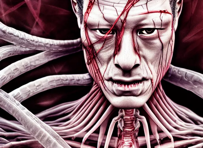 Image similar to mid shot portrait of samurai with transparent skin, visible muscle and bones and veins and nerves and internal organs, in the style of david cronenberg, high fashion, id magazine, realistic, sharp focus, 8 k high definition, film photography, photo realistic, insanely detailed, by david kostic and stanley lau and artgerm