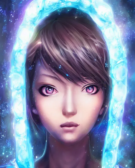 Image similar to A realistic anime portrait of a beautiful cosmic woman with glowing blue eyes and skin made of universes wearing clothes made of galaxies, digital painting, by Stanley Artgerm Lau, Sakimichan, WLOP and Rossdraws, digtial painting, trending on ArtStation, SFW version