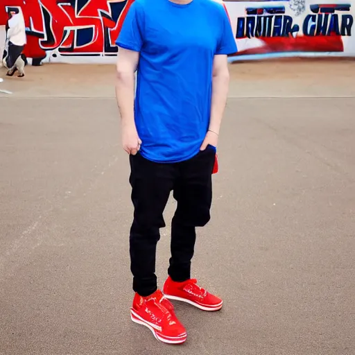 Image similar to a full body shot of an average white, short young - adult man with blue dyed hair holding a microphone, wearing a red backwards cap, white t - shirt with a red no symbol on it, blue long pants and red shoes