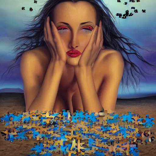 Prompt: A surreal oil painting of a puzzle containing a beautiful woman on a desert beach with scattered puzzle pieces by Salvador Dali, dark vibes, high contrast, cinematic, depth of field