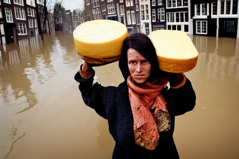 Image similar to closeup potrait of a woman carrying a wheel of cheese over her head in a flood in Amsterdam, photograph, natural light, sharp, detailed face, magazine, press, photo, Steve McCurry, David Lazar, Canon, Nikon, focus