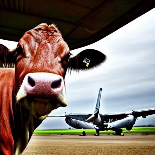 Image similar to a highly detailed ultra realistic photograph of a cow that is an airplane pilot