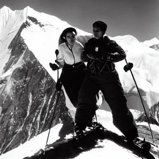 Image similar to b&w photo of Frida kahlo and Salvador Dali skiing down mount Everest