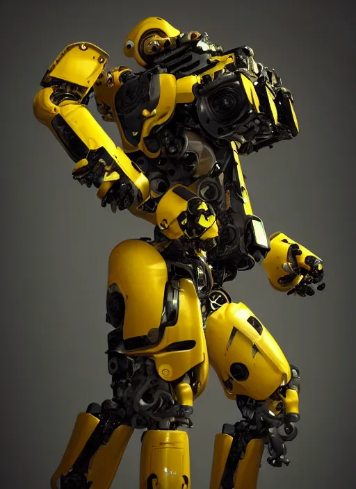 Image similar to a photorealistic dramatic hyperrealistic render of a futuristic exosuit power loader heavy machinery, ultra realistic details, glossy yellow by vitaly bulgarov and mike nash, beautiful dramatic dark moody tones and lighting, cinematic atmosphere, studio lighting, shadows, dark background, octane render, 8 k