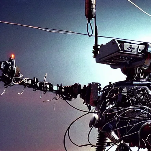 Prompt: still of a mech with many wires and cables hanging from its joints from a big budget scifi movie