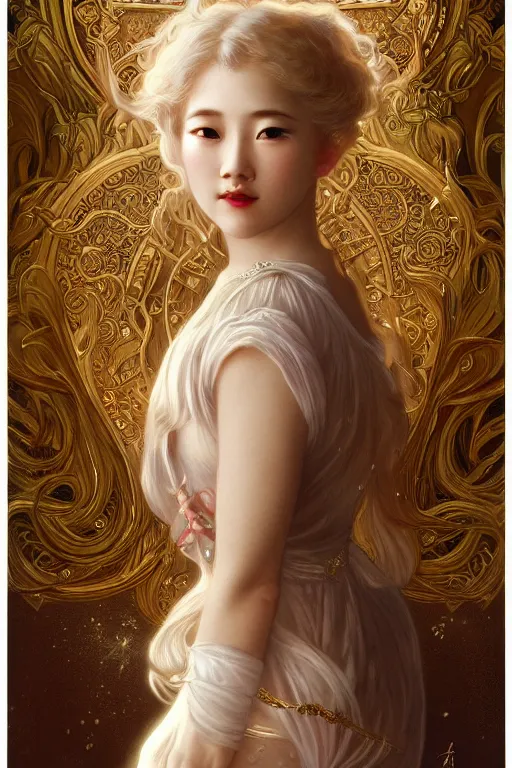 Image similar to beautiful asian girl, blonde hair, gold, god, white hair, 1 9 2 0 s fashion, fantasy, highly detailed, intricate, ethereal, highly detailed, sharp focus, artstation, digital painting, horror art, art by alphonse mucha, cedric peyravernay, tom bagshaw