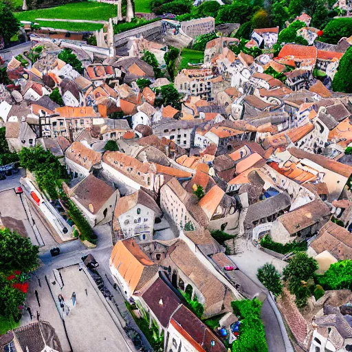 Prompt: drone photo of a medieval town