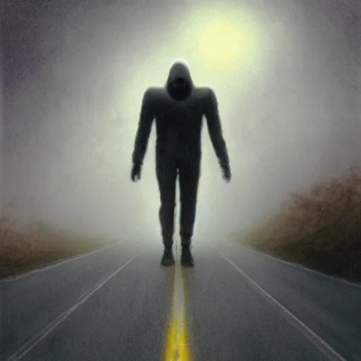 Image similar to creepy humanoid masculine silhouette hovering above a foggy road, gerald brom, horror