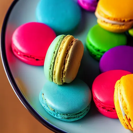 Image similar to photo of bird standing in a plate of rainbow macaroons