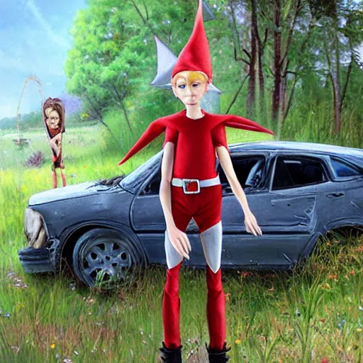 Image similar to a skinny teen as a fantasy elf with spiky blonde hair wearing dark brown overalls and holding a firecracker standing next to a destroyed car, painting by artgerm