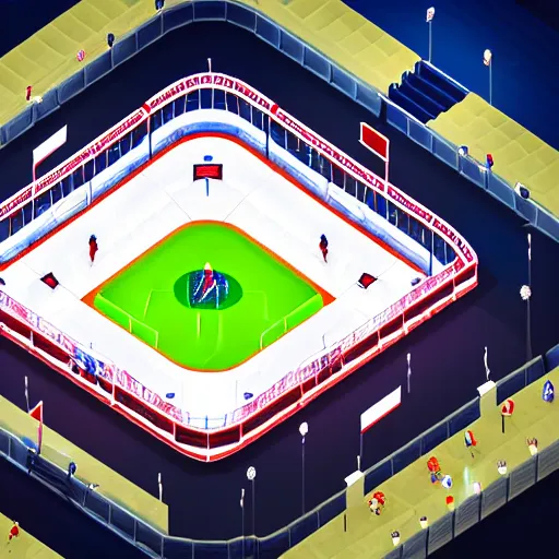 Prompt: Huge hockey arena game illustration, aerial view, isometric Voxel, pixel art, Blizzard, EASports, intricate, elegant, highly detailed, digital painting, artstation, concept art, smooth, sharp focus, art by Roman Klco by Cuberto and Shadow Run, brightly lit cinematic soft lighting, 4k