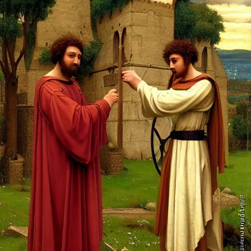 Prompt: Troy and Abed as medieval knights, masterpiece painting by Edmund Leighton