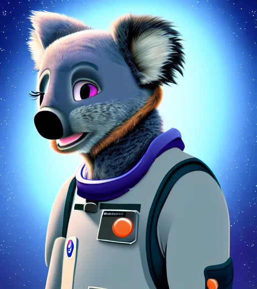 Image similar to digital detailed full body of anthromorphic female koala, in style of zootopia, fursona, furry, furaffinity, 4 k, deviantart, wearing astronaut outfit, in style of zootopia, floating in space, space background, in deep space, dark background, hyena fursona, cyberpunk, female, detailed face,