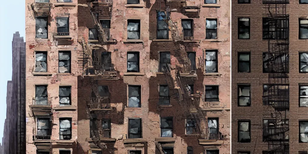 Prompt: new york city block facade. texture. doors. storefronts. street. art by greg rutkowski and william o'connor