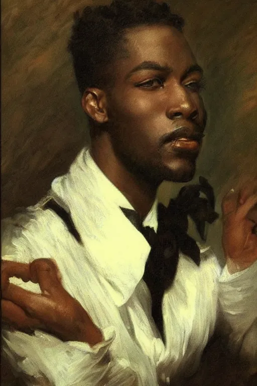 Prompt: portrait of a sophisticated black man in a pristine white dress shirt. his eyes are black pits of cosmic darkness. art by gaston bussiere.