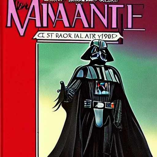 Image similar to a romance novel cover from 1 9 8 3, paperback, drawing, darth vader and yoda on the cover, romantic