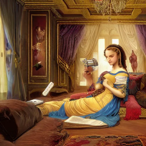 Image similar to Monalisa is sitting on her living room couch. She is dressed casually and is watching TV, Regal, Realistic, Refined, Detailed Digital Art, Josephine wall, Oil Painting, William-Adolphe Bouguereau, Art Frahm, Esao Andrews, Steampunk, Walt Disney (1937), Highly Detailed, Cinematic Lighting, Unreal Engine, 8k, HD