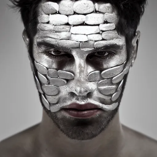 Image similar to a close up portrait of a beautiful athletic young persian male with his face covered in silver leaf , photographed by erwin olaf, artistic