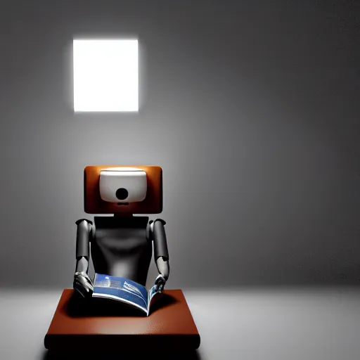 Image similar to futuristic lonely humanoid robot with huge comically sad OLED eyes and open rectangular mouth sits facing left reading a hardbound leather book on a comfortable midcentury chair. Cinematic Lighting, Cinematic Movie Photograph, Arri Alexa, Extremely Detailed, smooth, very very clean, simple, 8K, octane render, maya render, unreal engine, trending on artstation, DSLR