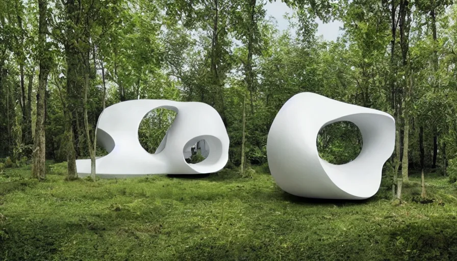 Image similar to A unique innovative and creative eco community of small affordable and contemporary creative cabins in a lush green forest with soft rounded corners and angles, 3D printed line texture, made of cement, connected by sidewalks, public space, and a park, Design and style by Zaha Hadid, Wes Anderson and Gucci