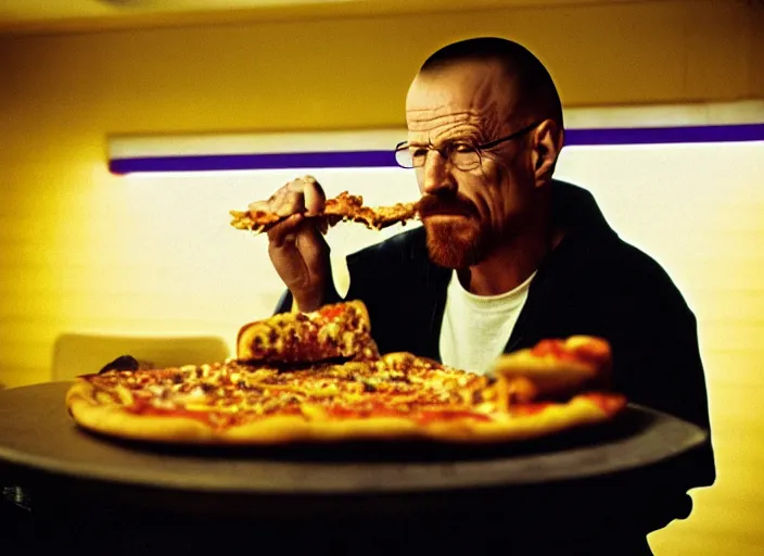 Image similar to portrait of walter white eating pizza at chuck - e - cheese with sloppy cheesy sauce getting slopped up all over the place, dramatic lighting, moody film still from breaking bad ( 2 0 1 1 ), 3 5 mm kodak color stock, 2 4 mm lens, directed by rian johnson, ecktochrome