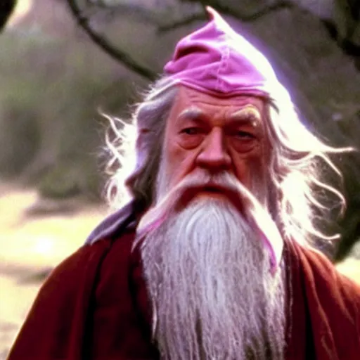 Prompt: gandalf with a pink bowtie on his head, movie still from Lord of the Rings