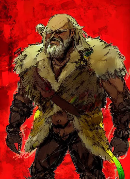 Image similar to Full body portrait of an old muscular man with blonde hair and beard wearing bear skin and red, green and gold jacket. In style of Yoji Shinkawa and Hyung-tae Kim, trending on ArtStation, dark fantasy, great composition, concept art, highly detailed.