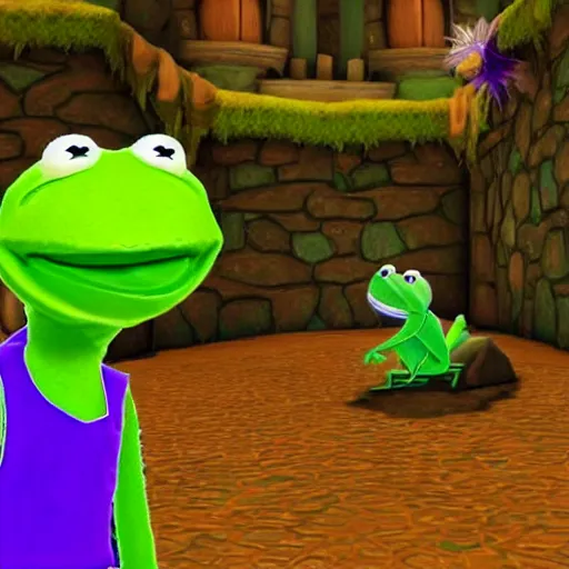 Image similar to screenshot of a kermit the frog as an npc in spyro the dragon video game, with playstation 1 graphics, activision blizzard, upscaled to high resolution