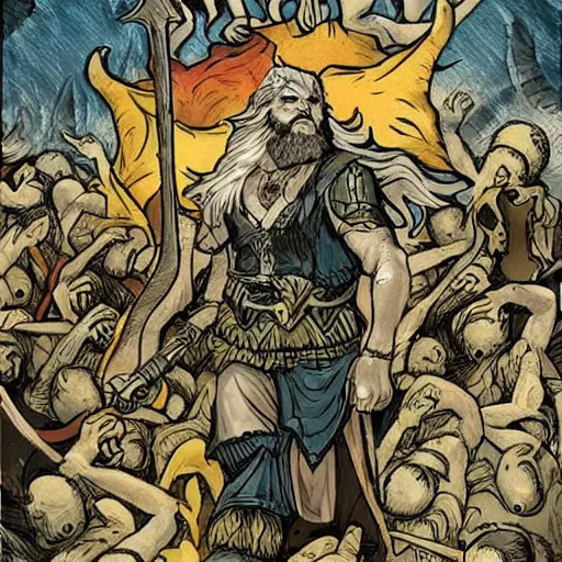 Prompt: odin with huggin and munning on his shoulders walking through the sea of death, followed by the valkyries. he is holding gungir in his right hand