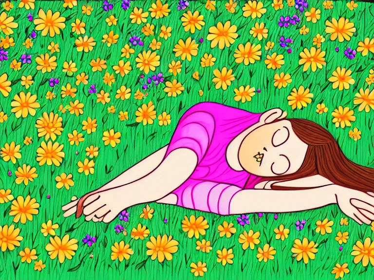 Image similar to drawing of girl laying down in the lawn full of flowers that smells like honey amongst forest with her soul connected to the nature around her. in naive art style