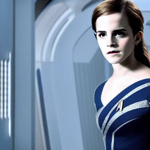 Image similar to Emma Watson in Star Trek, XF IQ4, f/1.4, ISO 200, 1/160s, 8K, Sense of Depth, color and contrast corrected, AI enhanced, Dolby Vision, symmetrical balance, in-frame