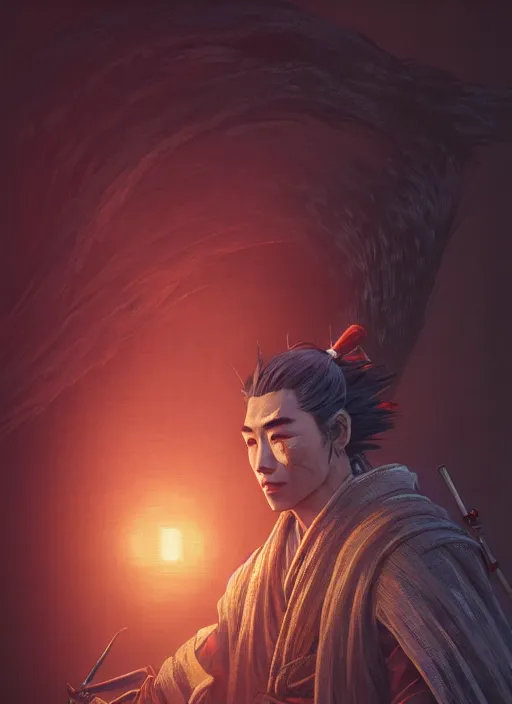 Image similar to highly detailed portrait of sekiro, stephen bliss, unreal engine, greg rutkowski, loish, rhads, beeple, makoto shinkai and lois van baarle, ilya kuvshinov, rossdraws, tom bagshaw, tom whalen, alphonse mucha, global illumination, god rays, detailed and intricate environment