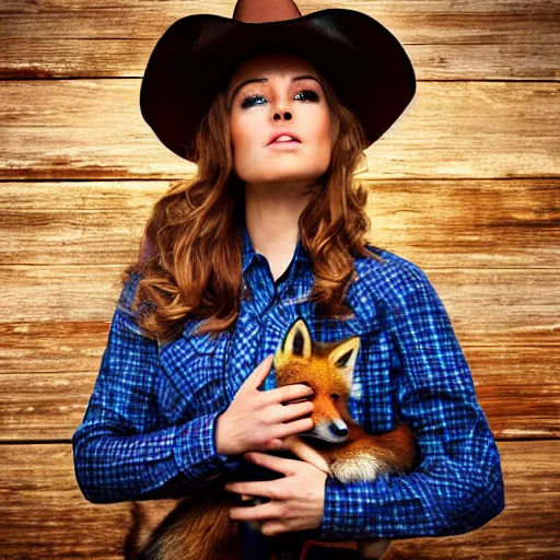 Image similar to a female fox animal, wearing cowboy hat, wearing plaid shirt, playing guitar, inside a barn, album cover style