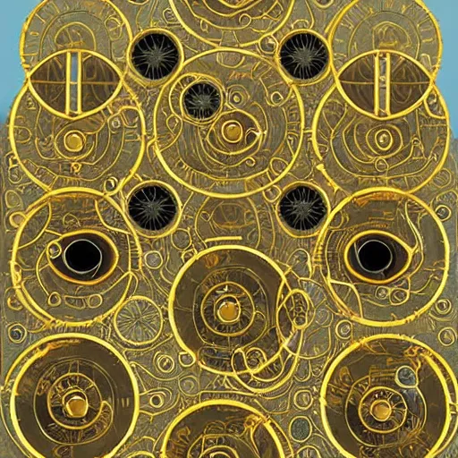 Prompt: beings made out of interlocking gold wheels with each wheel’s exterior covered with multiple eyes. They move by floating themselves in the sky