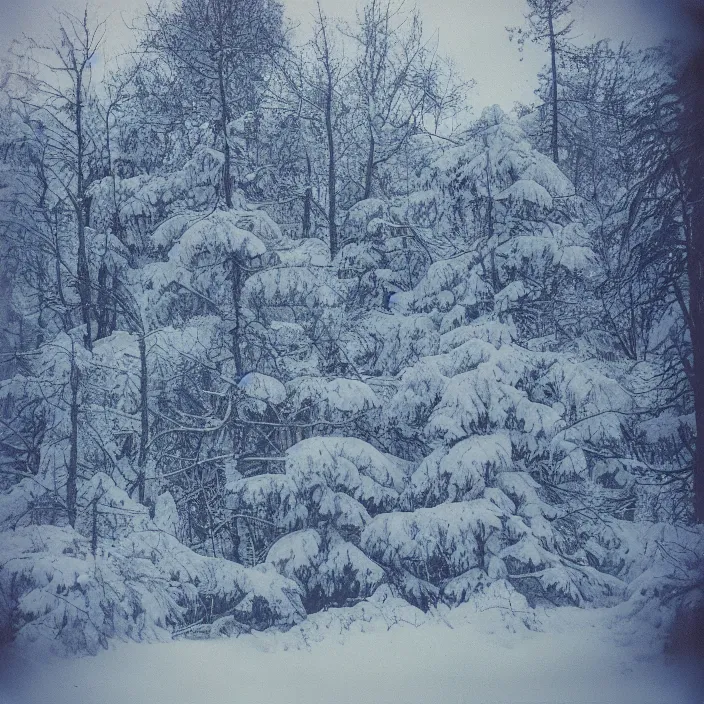 Image similar to atmospheric polaroid photo of a snowy taiga growing in an office building