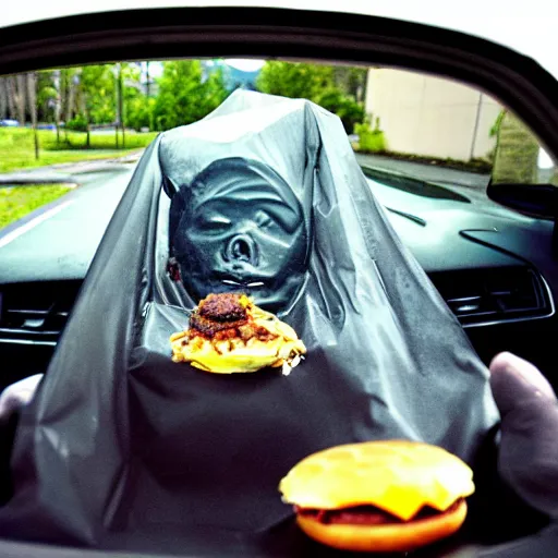 Image similar to gopro photograph of garbage bag with human face oozing goop inside car, holding cheeseburger