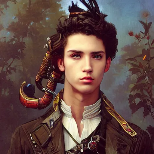 Prompt: a portrait painting of a fantasy steampunk male, highly detailed, art by tristan eaton and artgerm and william - adolphe bouguereau