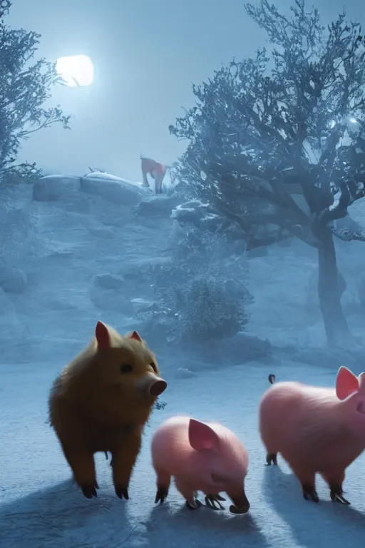 Image similar to three funny little pigs playing with the wolf who is begging for mercy. cinematic lighting, unreal engine, 8 k, hd extremely detailed. 4 k. award winning. ultra realistic photo.