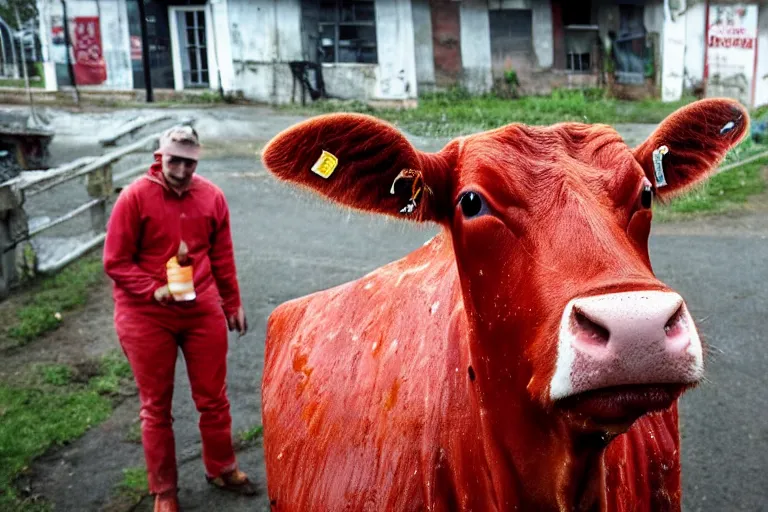 Image similar to a cow covered in tomato ketchup