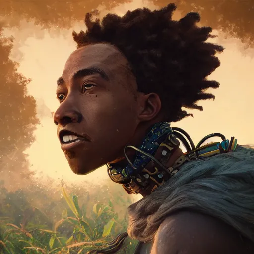 Prompt: an epic fantasy comic book style portrait painting of a black man, studio ghibli, unreal 5, hyperrealistic, octane render, cosplay, dynamic lighting, intricate detail, harvest fall vibrancy, cinematic, mechanical, steampunk