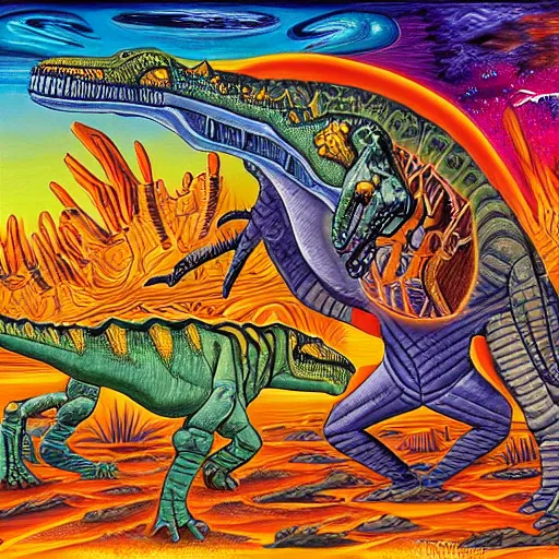 Prompt: painting of the extinction of the dinosaurs with asteroid and fire, in the style of alex grey