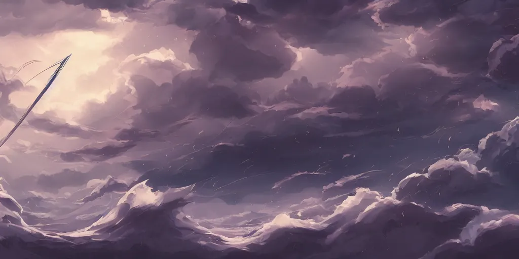 Image similar to background art of flying longswords flowing through the slicing through directional wind on a simple cloudy sky background featuring an enormous tsunami, big puffy clouds, sharp rain, large rose petals, lotus petals, large polygonal background elements, large polygons, studio ghibli anime, dramatic lighting, artgerm, manga, trending on artstation, art nouveau, mature colors