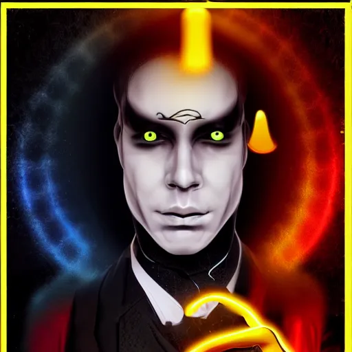 Image similar to a male magician with glowing eyes, frontal view, cool looking, digital art