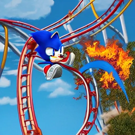 Image similar to hyper realistic sonic riding a roller coaster on fire in disney land