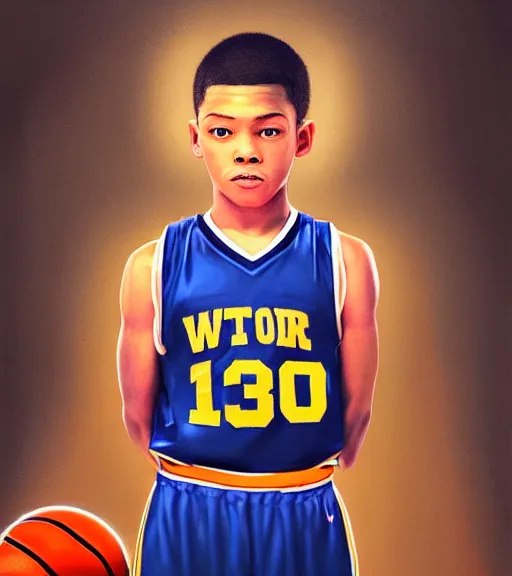 Image similar to portrait of a boy at a basketball court playing basketball wearing a basketball jersey in a basketball court standing near the basketball hoop, intense emotion, detailed facial expression, detailed surroundings, intricate, elegant, highly detailed, centered, digital painting, artstation, concept art, smooth, sharp focus, illustration, by (Johannes Vermeer), WLOP