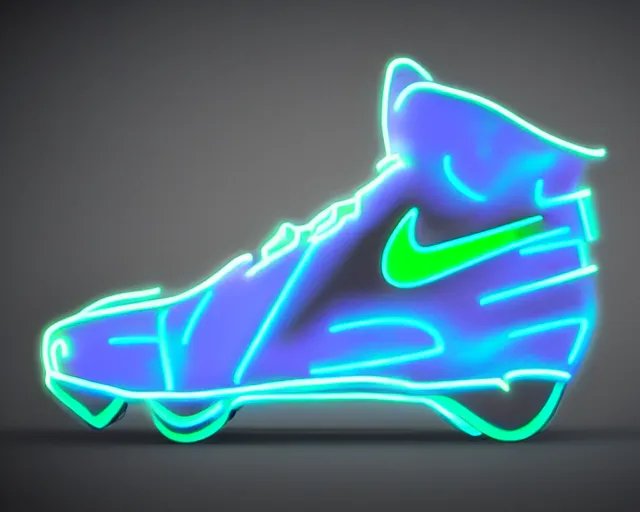 Prompt: A 3D concept desing of futuristic nike sneakers with neon lights from below