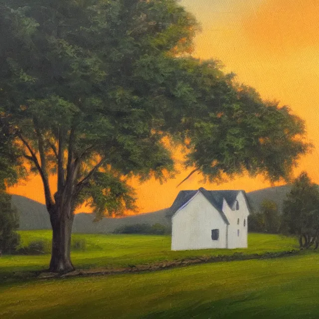 Prompt: a beautiful oil painting of a white farmhouse on a lonely country road at sunset