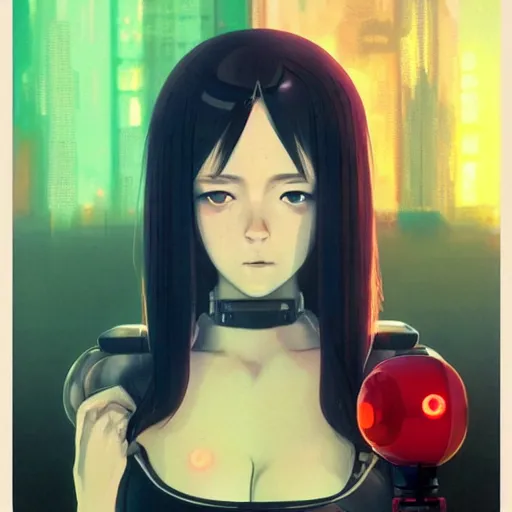 Prompt: A beautiful cyborg woman with big and cute eyes || VERY ANIME, fine-face, red and black robotic parts, realistic shaded perfect face, fine details. Anime. realistic shaded lighting poster by Ilya Kuvshinov katsuhiro otomo ghost-in-the-shell, magali villeneuve, artgerm, Jeremy Lipkin and Michael Garmash, Rob Rey and Kentarõ Miura style, trending on art station